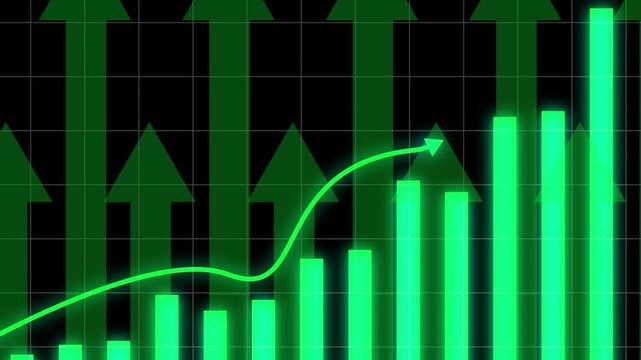 Glowing green bar graph displays upward arrows over a grid. Financial market success statistics update on the green bar graph. Positive business growth drives this glowing green bar graph.