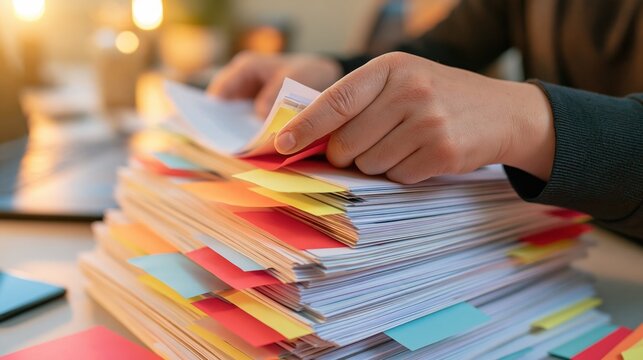 Hands flipping through a large stack of organized documents with colorful adhesive index tabs