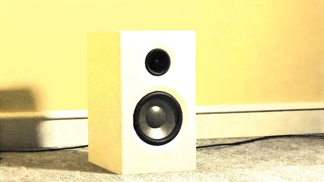 Modern audio speaker and sound system equipment. Acoustic fidelity and home studio gear. White bookshelf speaker resting on a floor with warm ambient light