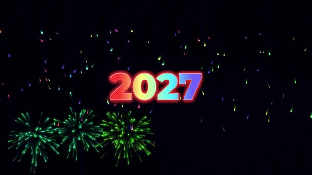 2027 neon glowing text with colorful fireworks animation for new year celebration