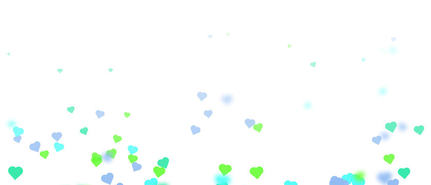 Scattered pastel blue and green hearts create a delicate pattern on transparent background ornament