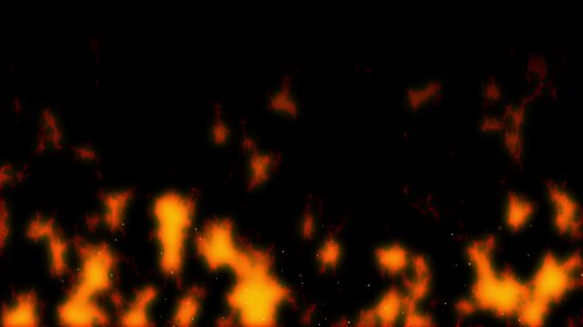 Realistic fiery flames rise with glowing burning embers on dark. Intense blazing fire energy radiates from these fiery flames. High temperature heat combustion animates the fiery flames.