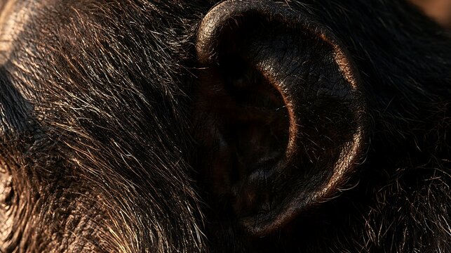 Close up detail of a chimpanzee ear and textured fur.