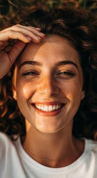 Radiant Smile Close-up of Freckled Woman with Curly Hair in Golden Sunlight ideal for skincare branding and wellness campaigns.