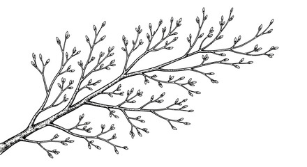 Fototapeta premium Detailed black and white branch with small leaves illustration isolated on white background, Vector, illustration