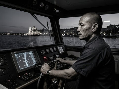 Boat captain steering at night on city waterfront