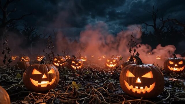 Carved Jack-o-lantern pumpkins glowing in a dark foggy field