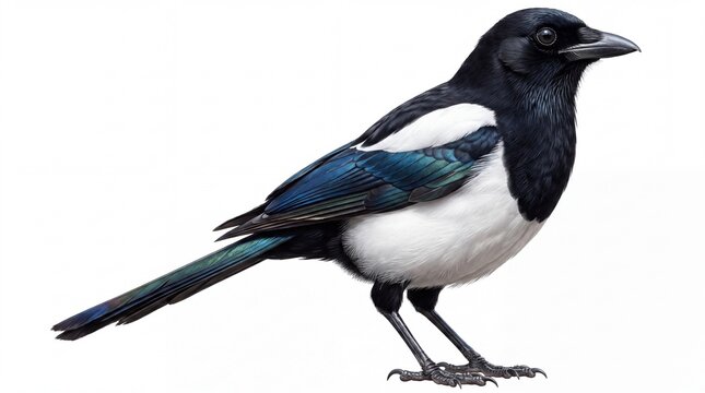 A black and white Eurasian magpie bird with iridescent blue wing feathers standing against a white studio backdrop.