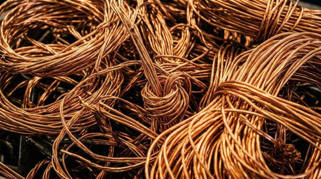 A close up photo of copper wire scrap showing tangled metallic strands and coils piled together in a recycling yard, highlighting industrial materials with a warm metallic luster
