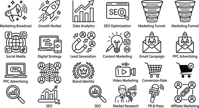 Digital marketing vector icons collection with labeled strategy and SEO optimization concepts.