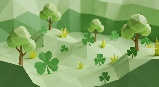 Low Poly 3D Digital Illustration of a Stylized Green Landscape with Geometric Trees and Clover Leaves in a Nature Scene