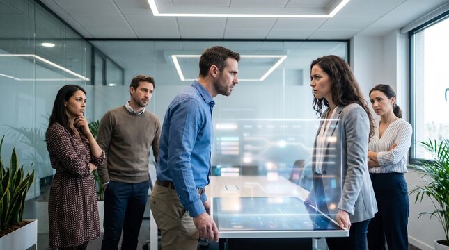 Heated professional disagreement sparks between a man and woman in a modern office meeting, with concerned colleagues observing the tense workplace conflict