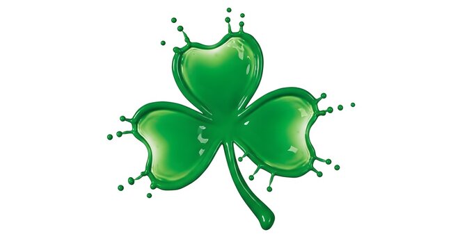 Vibrant green shamrock symbol with dynamic liquid splash effects, a refreshing and lively three-leaf clover design representing luck and nature