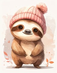 Fototapeta premium A cute cartoon sloth wearing a pink beanie with a pom-pom, standing with a sweet smile and surrounded by soft pastel leaves.