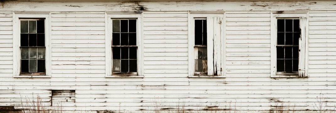 Abandoned house exterior with weathered white wooden siding and broken shutters, wide property inspection view for Halloween concept