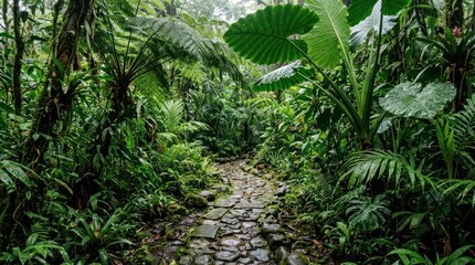 Naklejka premium Clean Lush Tropical Pathway Through Dense Verdant Jungle with Cobblestone Trail and Giant Leaves