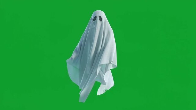 White sheet ghost floating on green screen chroma key for compositing