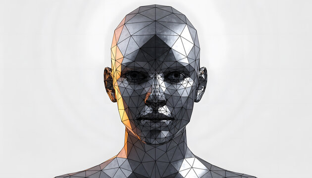 Low poly human avatar and artificial intelligence identity. Biometric facial recognition and digital twin modeling. Metallic geometric head sculpture facing forward on white background