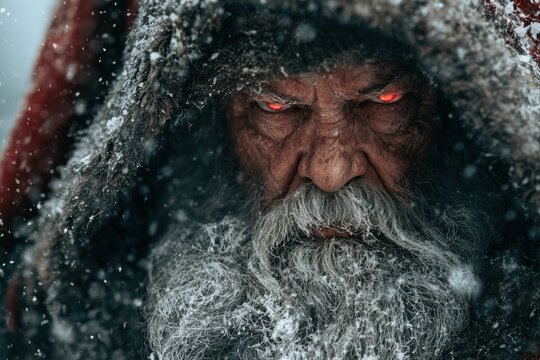 Dark santa claus showing intense red eyes and a frosted beard in a snowy winter landscape