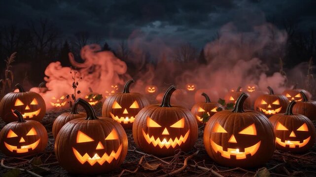 Spooky Halloween Jack-o-lantern pumpkins glowing in a foggy night forest