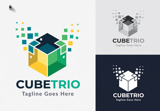 CubeTrio Modern Tech Geometric Pixel Cube Logo Design