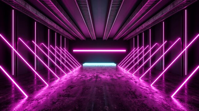 Industrial hangar stage features magenta laser beam patterns on dark reflective floor surface area.