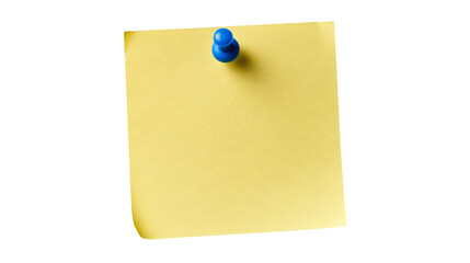 Obraz premium Yellow square sticky note attached with a blue plastic push pin