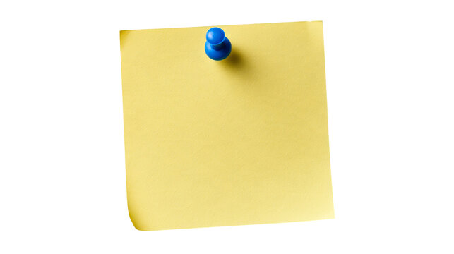 Yellow square sticky note attached with a blue plastic push pin