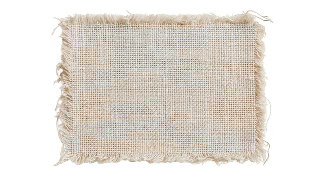 Square beige linen fabric coaster with frayed edges and coarse woven texture