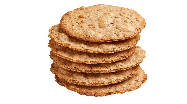 Stack of round thin crispy whole grain crackers with visible seeds and texture