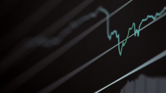 Pale blue cryptocurrency price line forms a sharp dip then climbs across a dark angled market display with bright horizontal grid lines