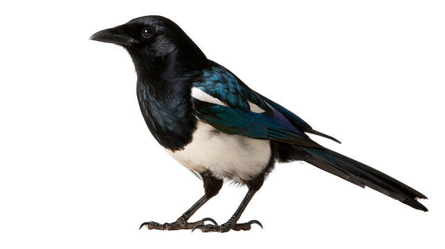 Eurasian magpie with iridescent black and white plumage standing in profile