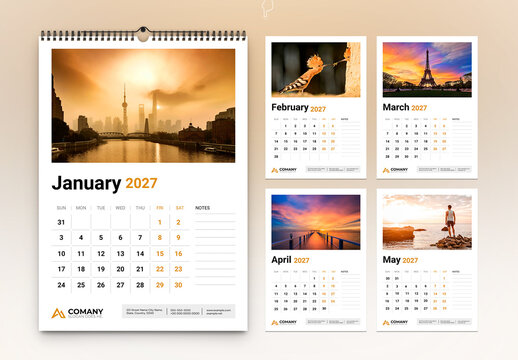 Minimalist 2027 Wall CalendarTemplate Design with Notes Section