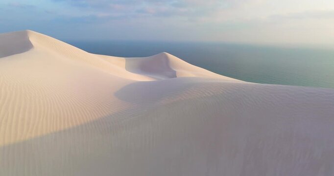 Powdery White Sand Dunes At Sunrise Along Arher Beach On Socotra Island, Yemen. Aerial Drone Shot