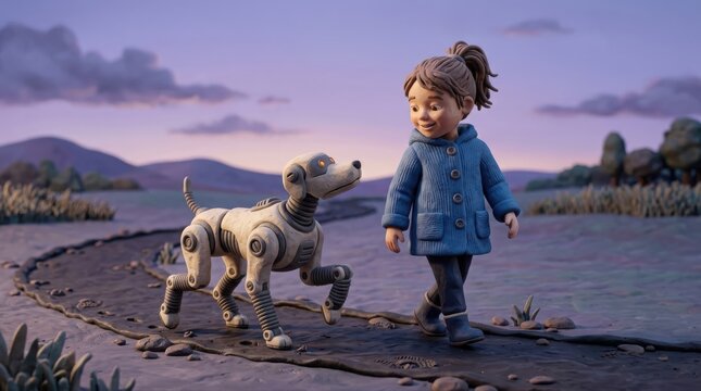 Playful robot dog walks beside a girl in a dreamy twilight landscape