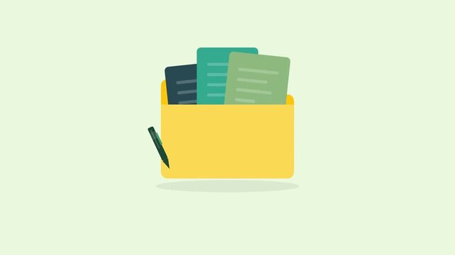 Business Folder Animation with Floating Documents and Moving Pen