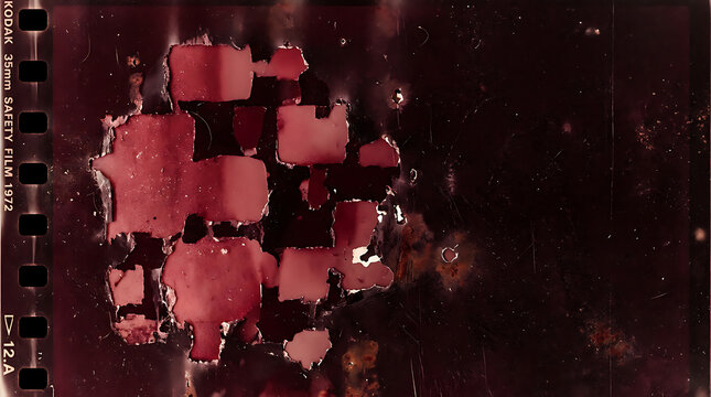 Distressed burgundy celluloid film strip with vintage light leaks and grain texture