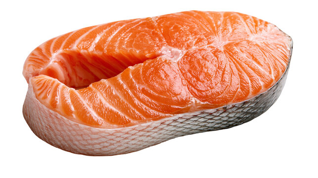 Fresh raw salmon fish steak with orange flesh and silver skin