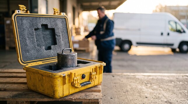 Industrial calibration weight inside a protective yellow case at a busy logistics warehouse