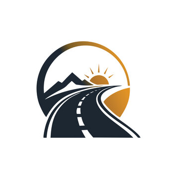 Professional modern winding road mountain sunrise travel agency logo template