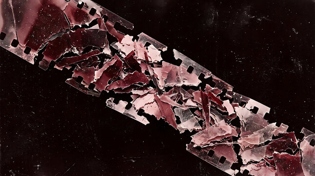 Distressed burgundy film strip texture with damaged vintage celluloid fragments on black