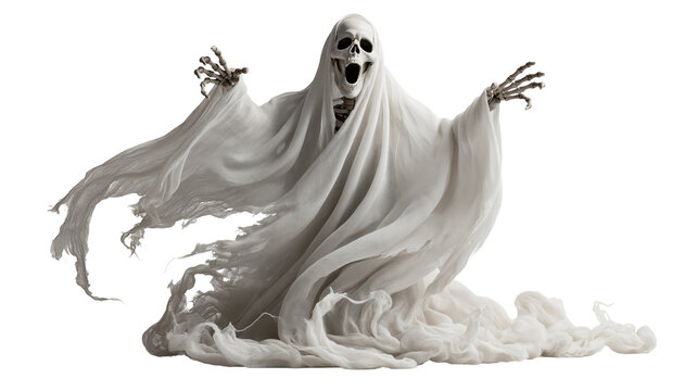Screaming skeleton ghost figure wearing tattered white fabric shroud
