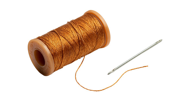 Copper metallic sewing thread spool with a threaded steel hand sewing needle