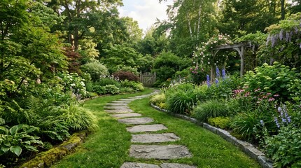 Obraz premium Pathway Through a Lush Garden Surrounded by Vibrant Flowers