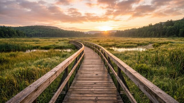 Wooden walkway leads through lush wetlands under a vibrant sunrise