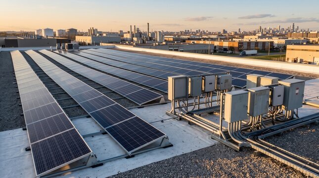 Solar panels installed on a commercial building roof in an urban area