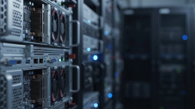 Modern data center server rack with blinking blue and cyan LED lights in a looping shot