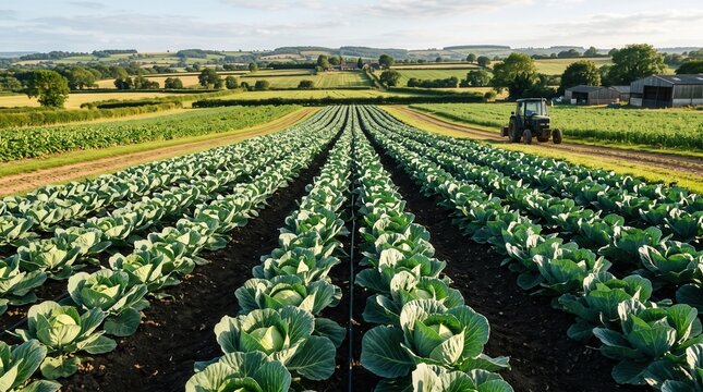 Wide view of a cabbage field with rows and a tractor in the distance