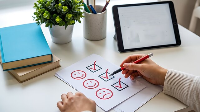 Person completing a planning checklist with tablet, books and office supplies