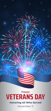 Happy veterans day banner. US national holiday november 11. Veterans Day November 11th. American flag on blue sky background, fireworks. Typography design, poster, greeting card. Vector illustration